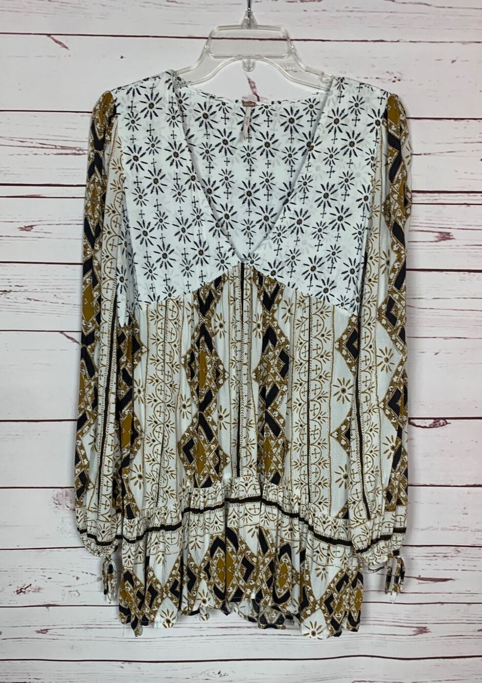 Free People Women's S Small White Brown Boho Long Sleeve Cute Fall Tunic Top